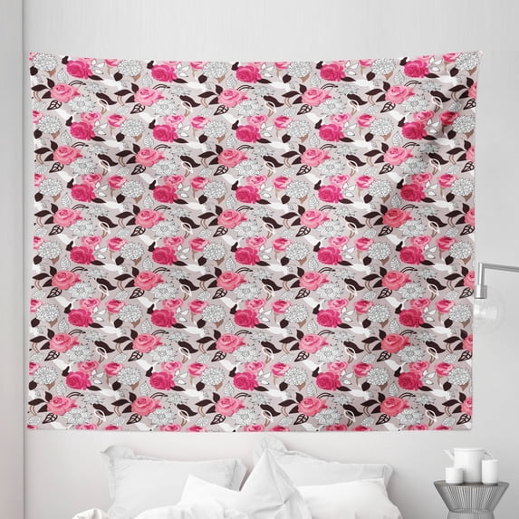 Floral Tapestry, Classic Romantic Abstract Nostalgic Drawn Colorful Rose Dahlia Flowers, Fabric Wall Hanging Decor for Bedroom Living Room Dorm, 5 Sizes, Pink Pale Tan and Brown, by Ambesonne