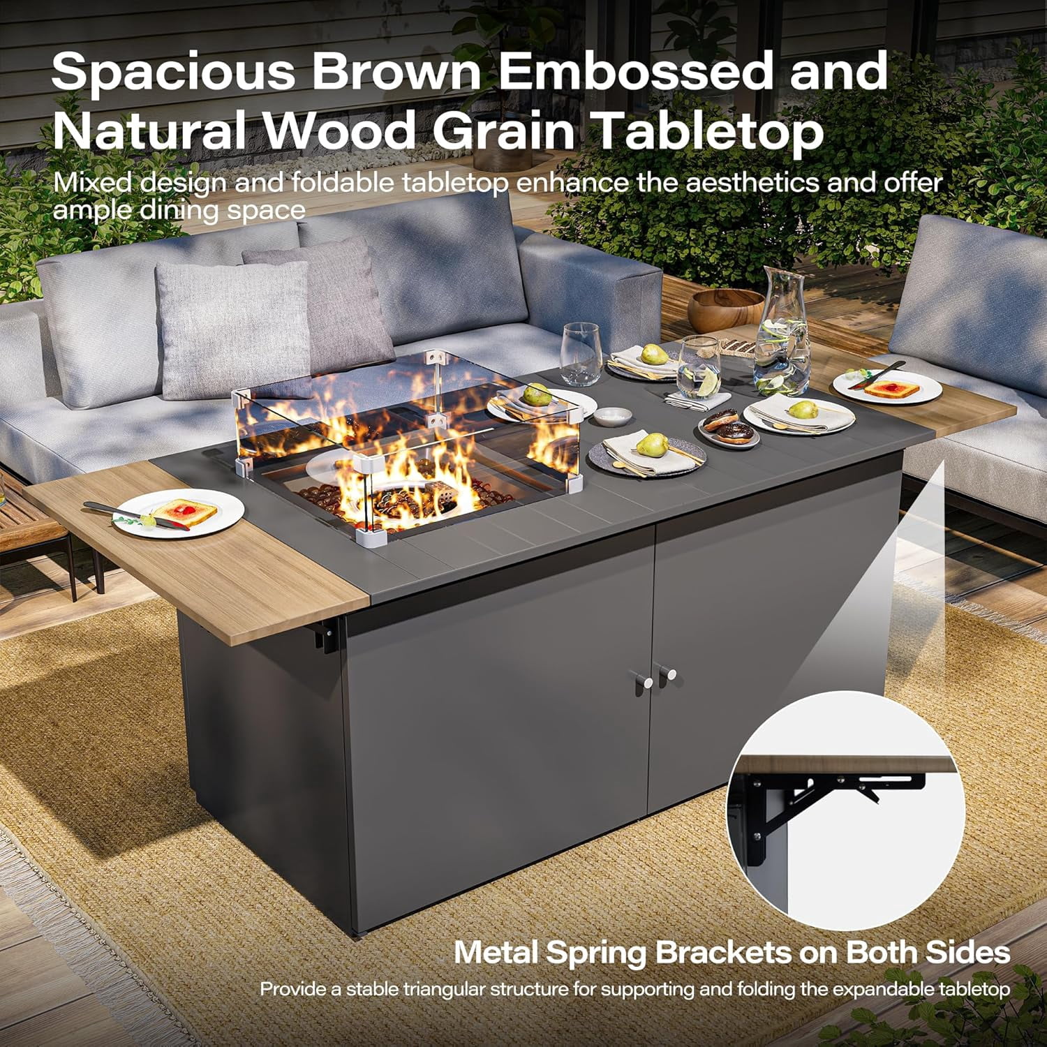 64-Inch Propane Fire Pit Table with Lid, 55,000 Outdoor Gas Fire Pit for Patio, Glass Wind Guard & Gray Glass Beads, Black Finish