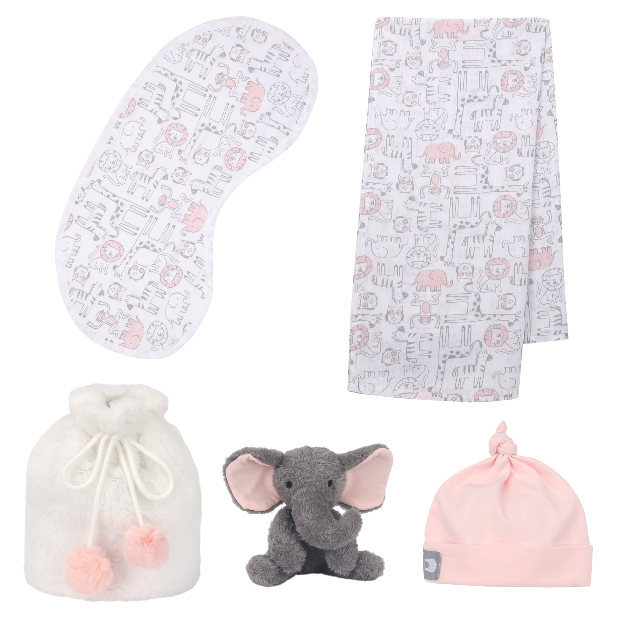 Lambs & Ivy 5 Piece Pink/Gray Plush Infant/Newborn Baby Gift Bag w/ Swaddle