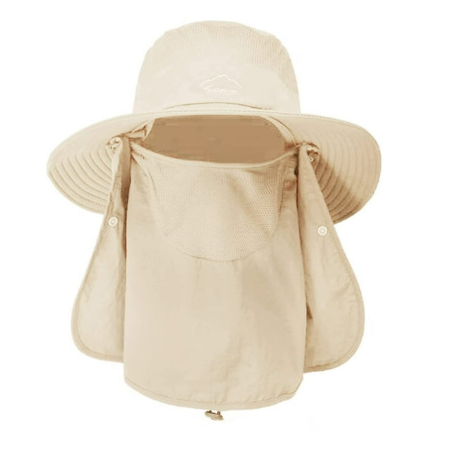 Fishing hat, sun hat with sun protection and neck flap for men and women creamcoloured