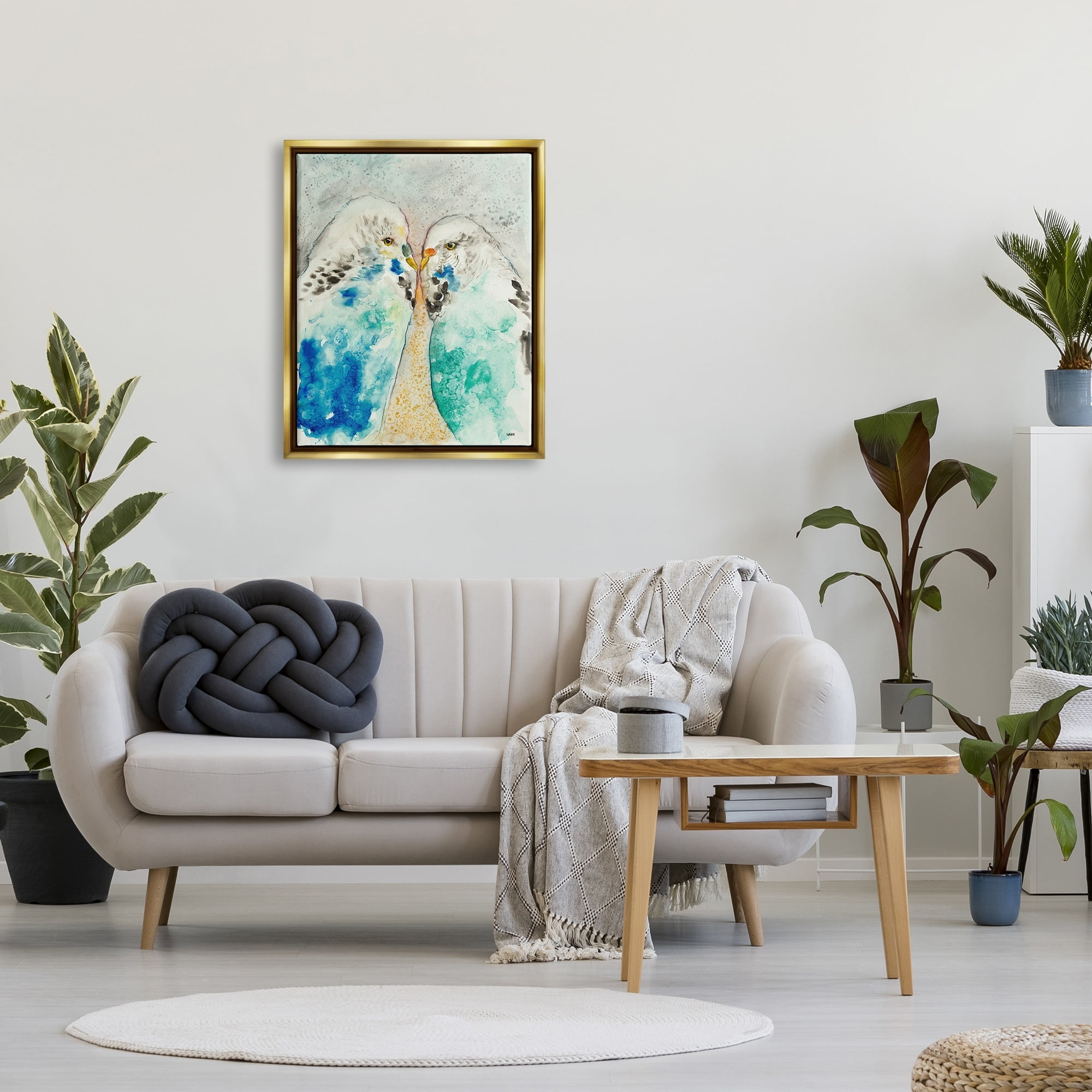 Stupell Industries Pair Blue Parakeets Birds Dotted Watercolor Detail Painting Metallic Gold Floating Framed Canvas Print Wall Art, Design by Patti Mann