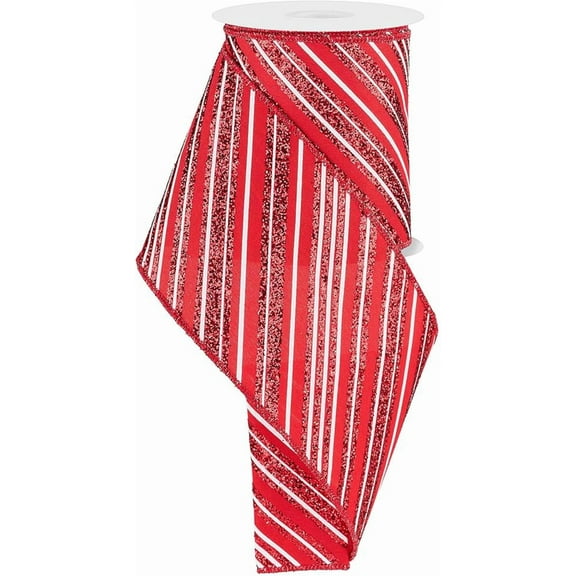 Metallic Red Diagonal Striped Wired Christmas Ribbon - 4" x 10 Yards, Garland, Gifts, Wrapping, Wreaths, Bows, Valentine's Day