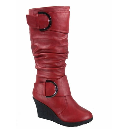 

Pure-65 Women s Fashion Round Toe Slouch Large Buckle Wedge Mid Calf Boot Shoes ( Red 10 )
