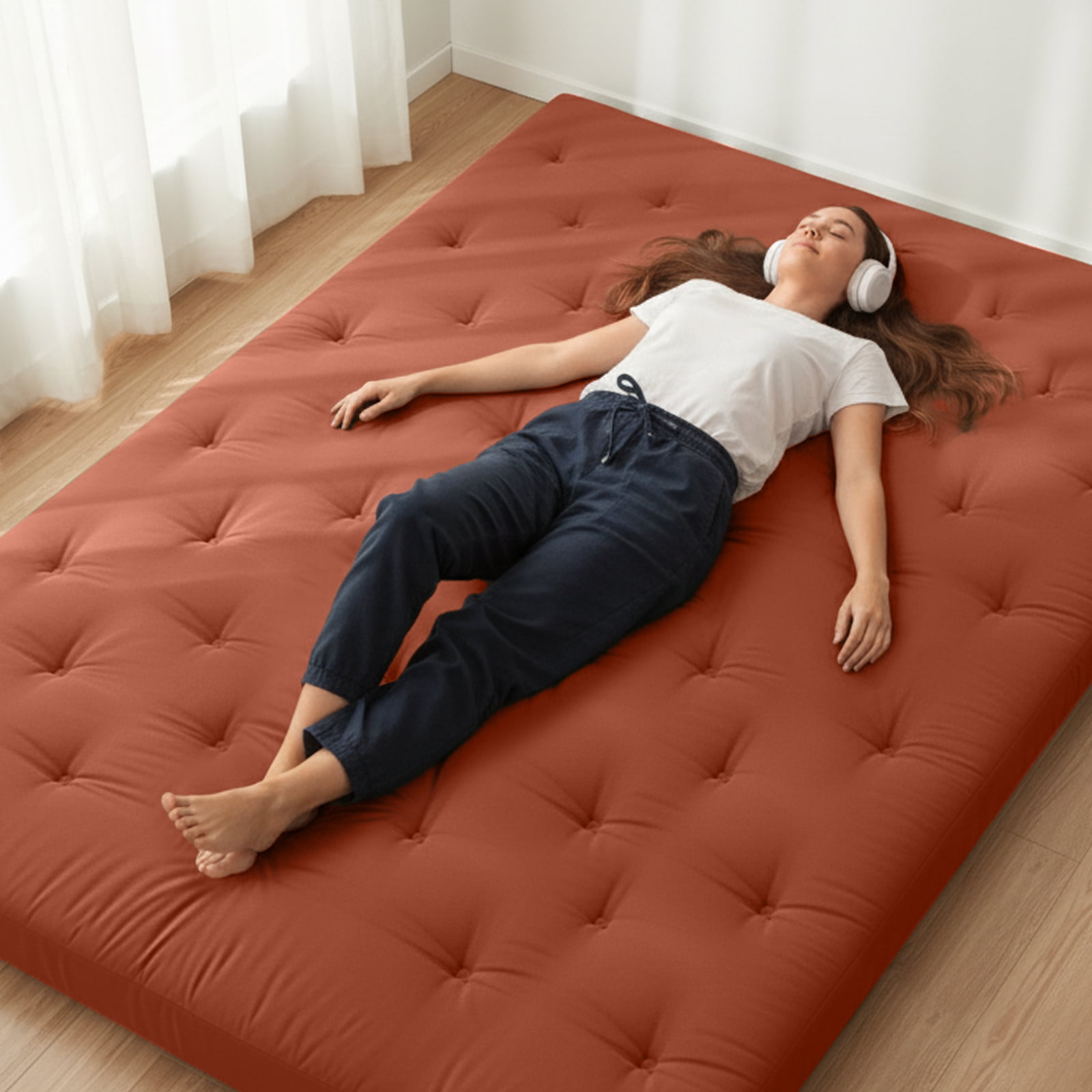 Zonli Japanese Floor Futon Mattress, 2.5" Cotton Folding Tatami Pad, Queen 80"x60", Red