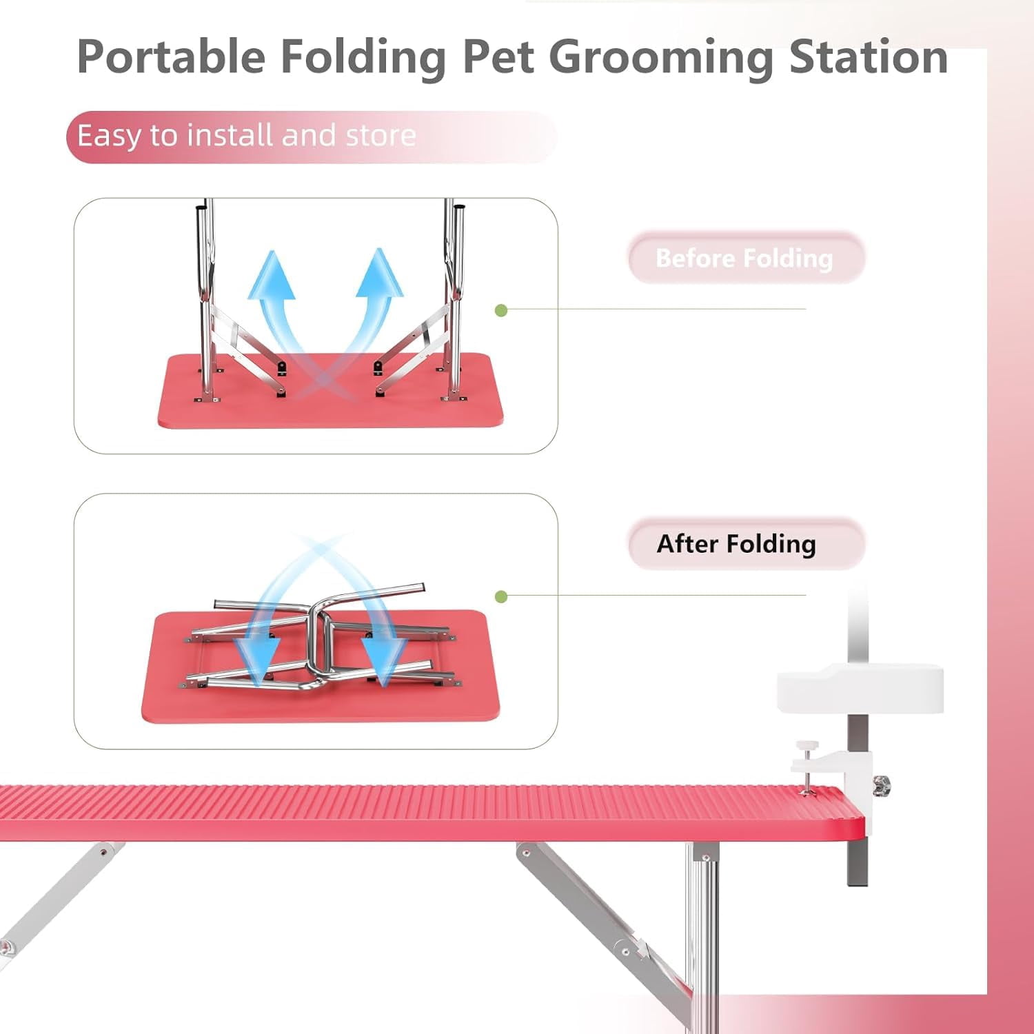 47" Pet Grooming Table Pink, Stainless Steel Foldable Grooming Table for Dogs at Home Adjustable Height Arms Pet Station with Nooses, Mesh Tray, Tool Organizer