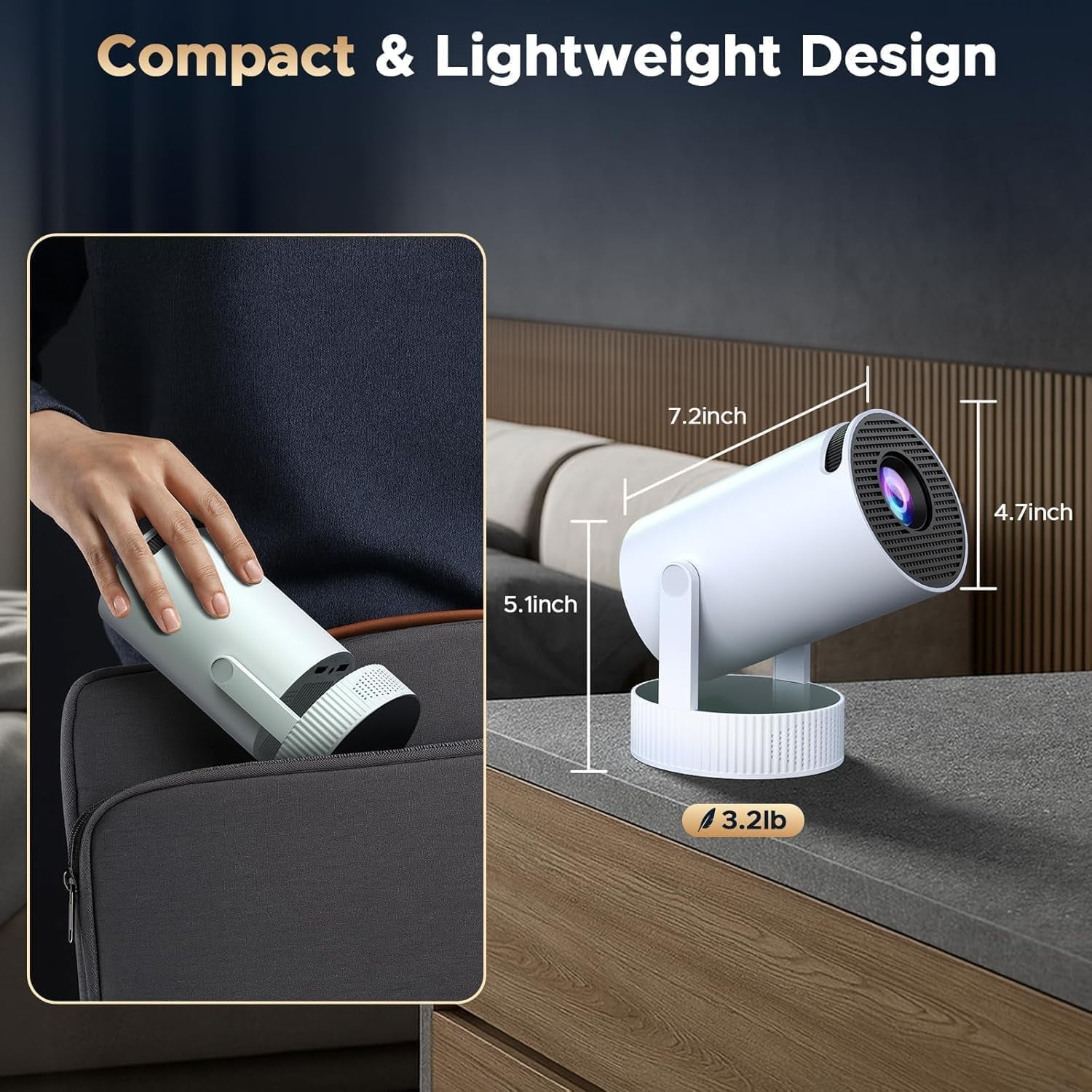CAMPARK Mini Projector, Projector with Wifi and Bluetooth Built-in Battery 4K Portable Projector for Outdoor Bedroom, Smart Projectors 1080P Compatible with iphone/TV Stick/HDMI/Laptop