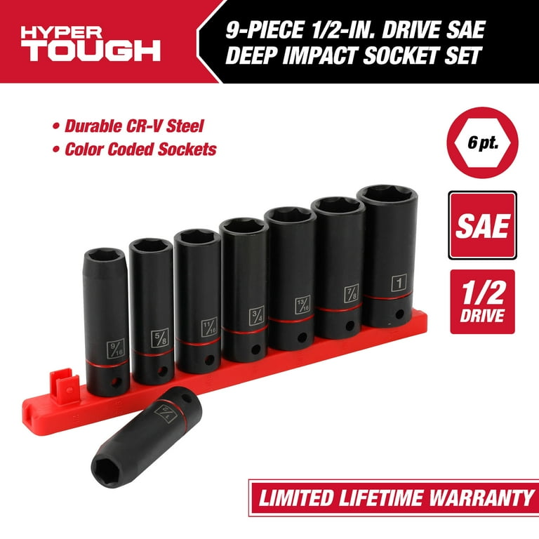 Hyper Tough 9-Piece 1/2-Inch Deep Drive SAE Impact Socket Set