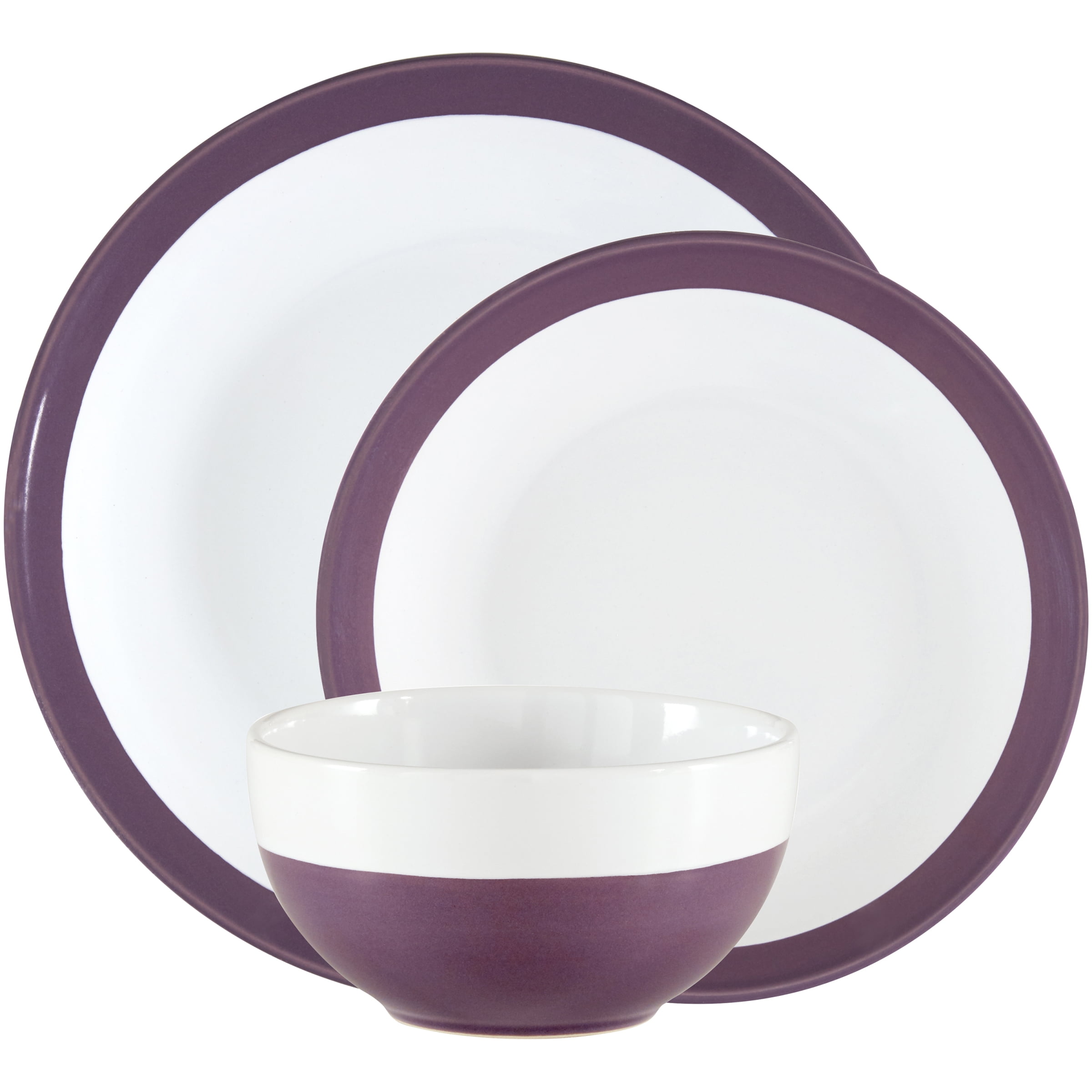 Mainstays Angela 12Piece Round Stoneware Dinnerware Set, Purple