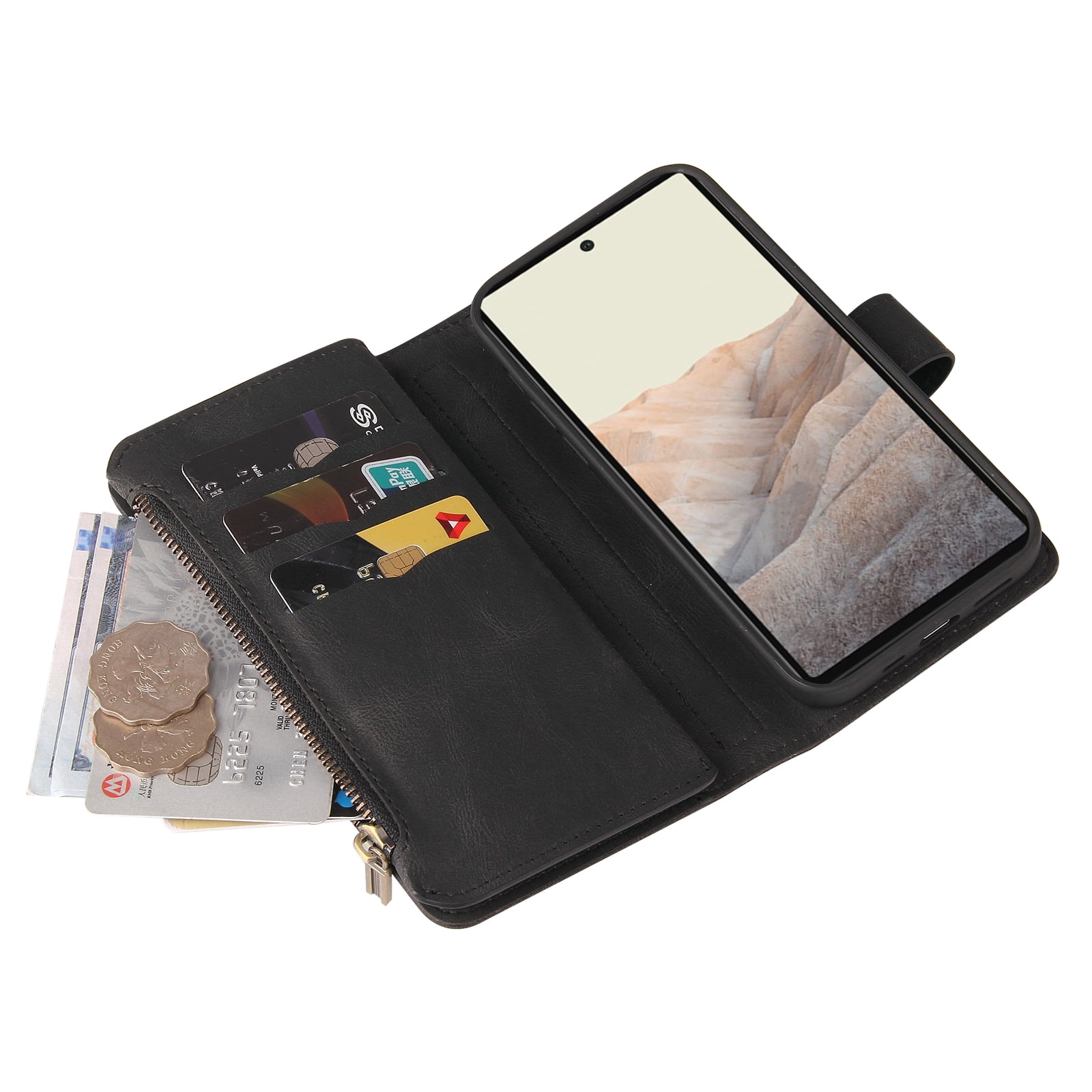 Phone Case for Google Pixel 6, Google Pixel 6 Wallet Case, Luxury Folio Flip Leather Cover [Zipper Pocket] [Wrist Strap] [Kickstand] for Google Pixel 6 6.4 inch,Black