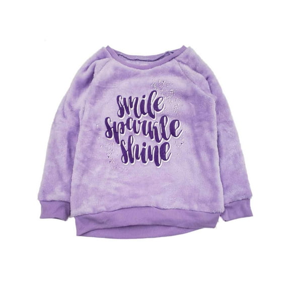 Girls Purple Winter Fuzzy Plush Smile Sparkle Glitter Sweatshirt Sweat Shirt XS