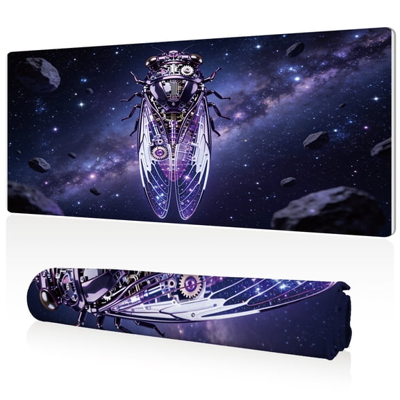 LIVEKEY XXL Mouse Pad Mechanical Cicada in Space 80x40cm Large Desk Mat Full Coverage Non Slip Durable Easy Clean Stitched Edges for Gaming and Office Computer Use