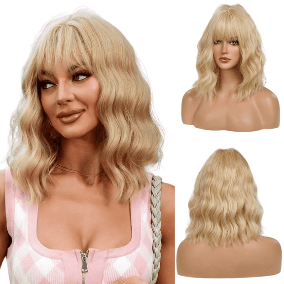 DUANJY 14 Inch Short Bob Wig with Bangs, Natural Wave Curly Hair for Women, Heat Resistant Synethetic Fiber Wig for Cosplay, Daily Wear, Parties, Gold