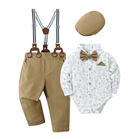 Baby Boy Clothes Outfit Suits Newborn Formal Romper Shirts Suspender Pants Hat Bowtie 0-18 Months 4pcs