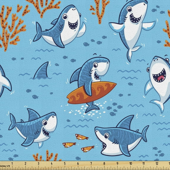 Ambesonne Shark Fabric by the Yard Upholstery, Underwater Funny World, 1 Yard, Blue White Orange