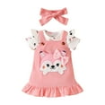 thumbnail image 3 of Gubotare Outfit Girl Baby Girl Summer Outfit Ruffle Short Sleeve Knit Romper Floral Suspender Skirt Bow Headband 3Pcs Clothes Set 0 3 6 9 12 18 24 Months (Pink,Size 6-9 Months), 3 of 9
