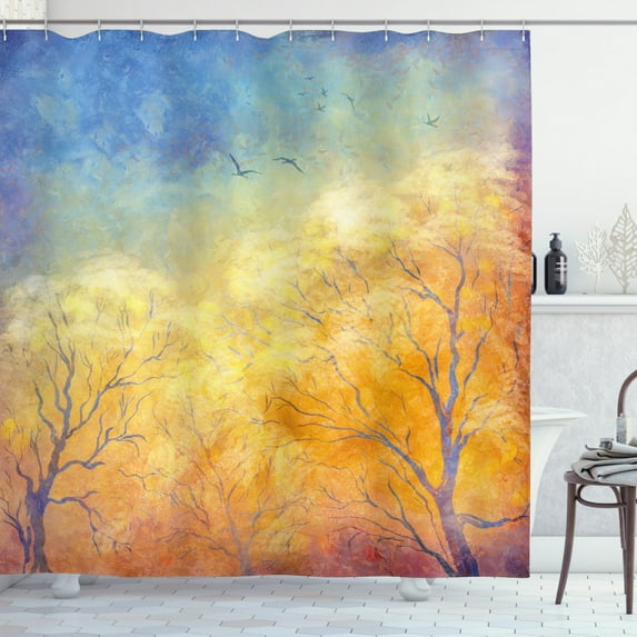Ambesonne Nature Shower Curtain, Autumn Trees Gulls Sky, 69"Wx75"L, Blue Marigold Yellow