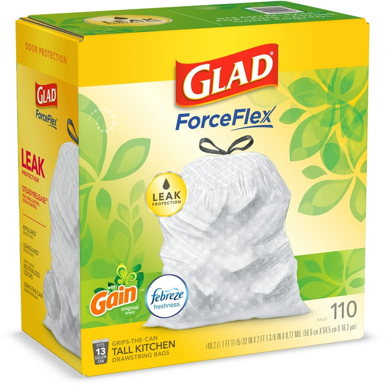 Glad ForceFlex Tall Kitchen Drawstring Trash Bags 13 Gallon Grey Trash Bag,  Unscented OdorShield 40 Count (Package May Vary) - Klatchit