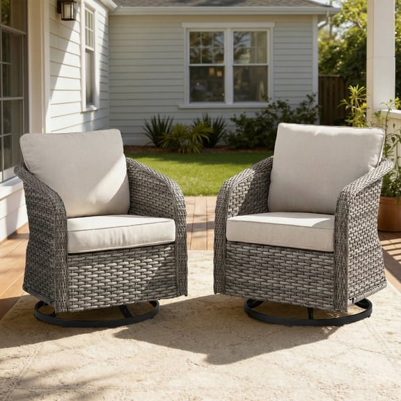 Opohoro Outdoor Wicker Chair Set of 2, Gray PE Rattan Patio Chairs with Beige Cushions for Porch or Backyard