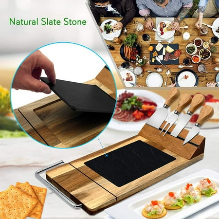 NutriChef Bamboo Cheese Serving Board Tray PKCZBD50 - Natural, Black - Natural, Black