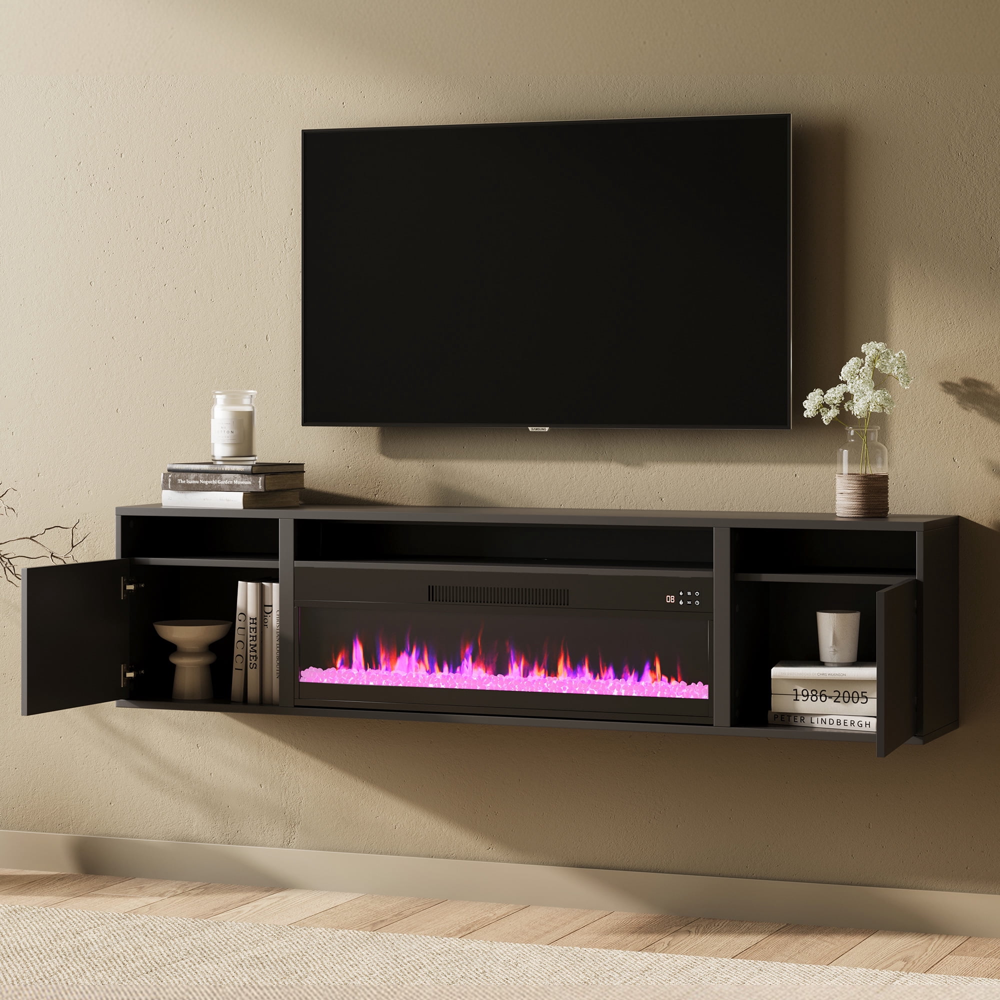 BELLEZE Floating Fireplace TV Stand Wall Mounted with 36" Electric Fireplace Heater, 70" LED Entertainment Center with Storage for TVs up to 75", Modern Media Console TV Shelf For Living Room (Black)