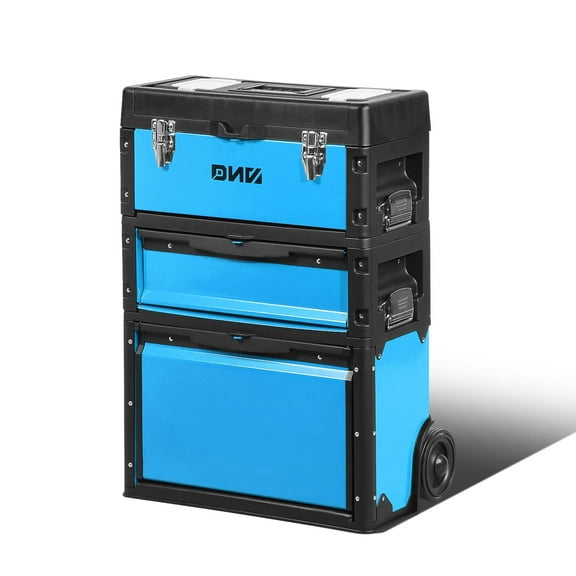 ‎‎3-Tier Stackable Separate Hand Case Tool Boxes Trolley, 3-in-1 Storage Compartments, 19.5" x 12" x 28.5", Blue