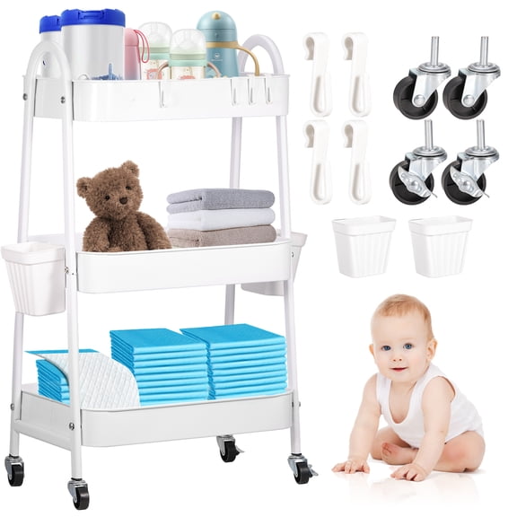 Baby Diaper Caddy Cart Metal Nursery Storage Organizer 3-Tier Rolling Cart Organizer for Diapers and Baby Wipes Newborn Essentials Storage Cart (White)