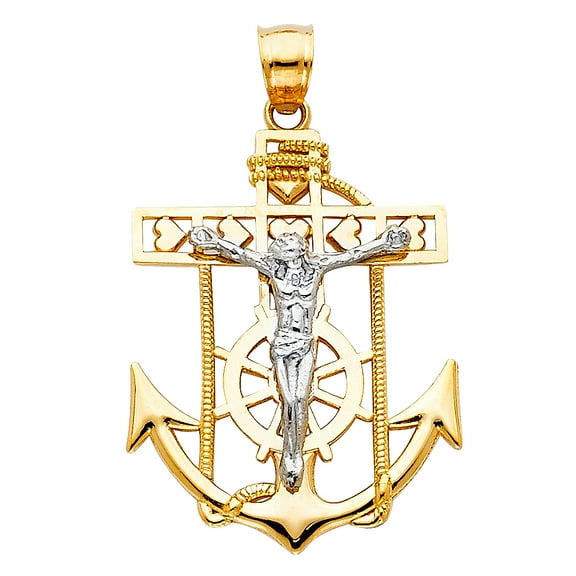 Wellingsale 14K Two 2 Tone White and Yellow Gold Polished Ornate Religious Mariner Anchor Catholic Crucifix Pendant with Heart Accent