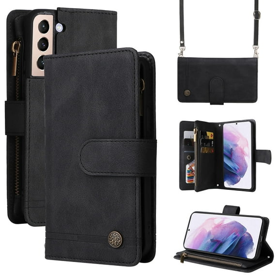 Mantto Galaxy S21 FE Cover, Wallet Card Slot Crossbody/Shoulder Strap + Wristlet Strap Magnetic Flip Premium PU Leather Zipper Pocket With Kickstand For Samsung Galaxy S21 FE,
Black