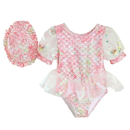 Toimothcn Girls Swimsuits Sleeveless Casual Colorful Fish Scale Printed 2 Piece Bikini Set Quickly Dry Cover Up Swimwear 2-3 Years