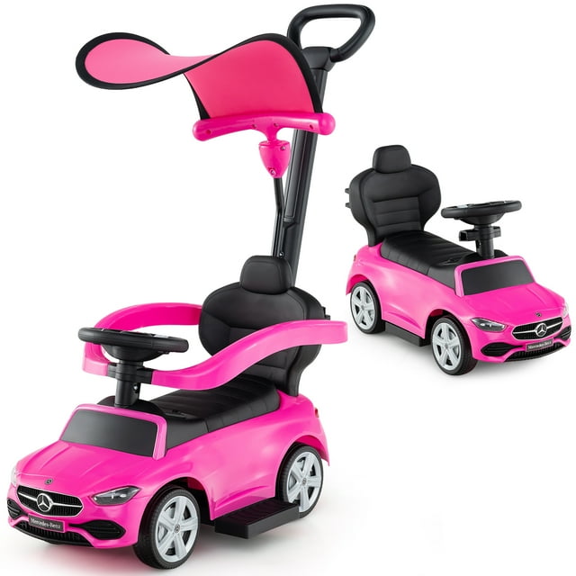 Gymax 3-in-1 Toddler Push Car w/Adjustable Canopy Under Seat Storage Realistic Sounds Pink