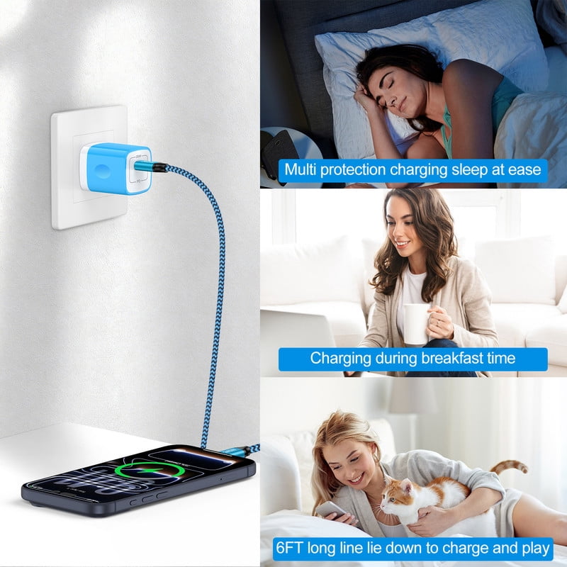 2 Pack PD 20W Fast Wall Charger Block, 20W Phone Charger with 6FT Type C Charger Block Cables, Compatible with iPhone 17/16/15 Pro Max iPad Pro Galaxy S26 Android,Blue