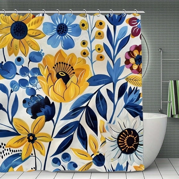 Colorful Floral Pattern Print Shower Curtain,Modern Fabric Waterproof Shower Curtain Set with Hooks,70.8×70.8Inch