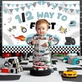 thumbnail image 2 of Racing Car Themed 1/2 Way to First Backdrop Blue Vintage Car Half Birthday Decorations Checkerboard Pattern Racing 1/2 Birthday Party Background Banner for Boys 6 Months Birthday Party Supplies 5x3ft, 2 of 7