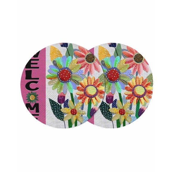 Spring Daisy Round 13 Inch Placemats Set of 2, Pink Modern Abstract Art Dots Floral HeatResistant Non Slip Place Mats for Dining Table, Wipeable Braided Kitchen Table Mats for Housewarming
