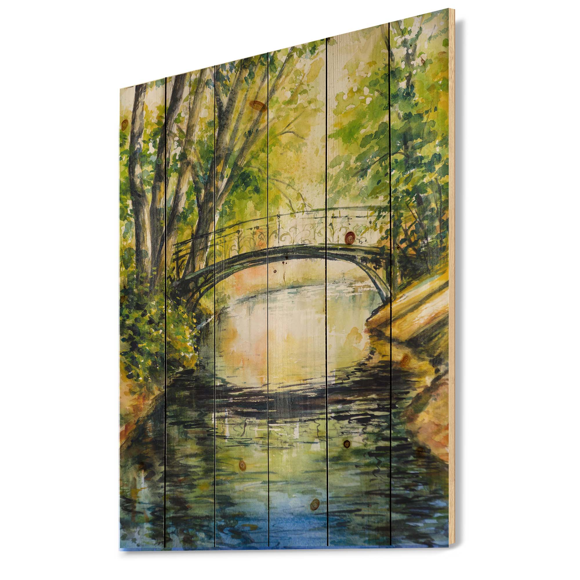 Designart 'Forest Park With Bridge Over Troubled Water' Lake House Print on Natural Pine Wood