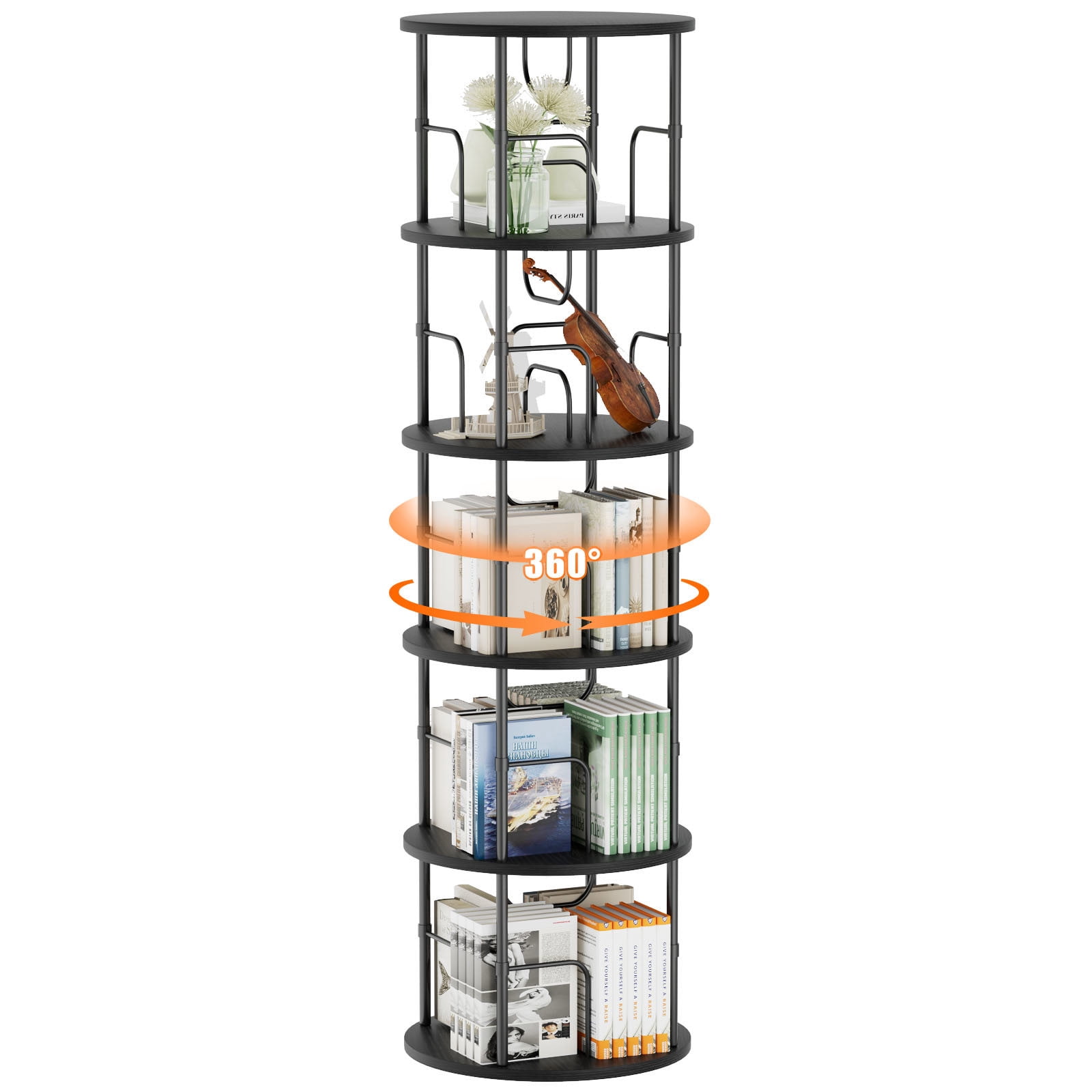 Flycity 5 Tier Rotate Bookcases, 360° Display Corner Shelf Spin Bookcases with Special Visible Partition Storage, Black