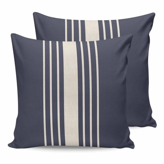 16x16 Pillow Covers Set of 2, Beige Striped Throw Pillow Covers Decorative Couch Cushion Case, Midnight Blue Geometric Simple Retro Microfiber Square Pillowcases for Bedroom Car Living Room