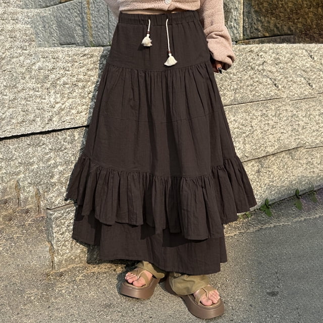 Falda Larga Falda larga para mujer Estilo bohemio Falda plisada Falda maxi fruncida suelta Traje diario Cgtredaw Marrón M para Mujer