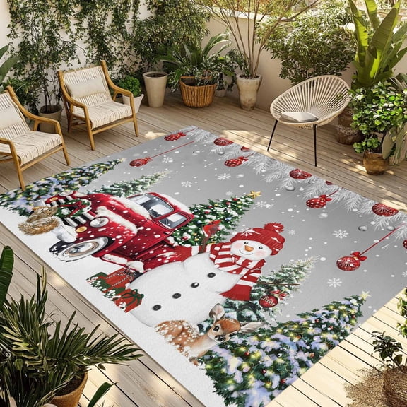 Fsddascl Grey Christmas Outdoor Rug for Patio/Deck/Porch, Non-Slip Large Area Rug 6 x 9 Ft, Xmas Snowman Truck Tree Balls Indoor Outdoor Rugs Washable Area Rugs, Reversible Camping Rug Carpet Runner