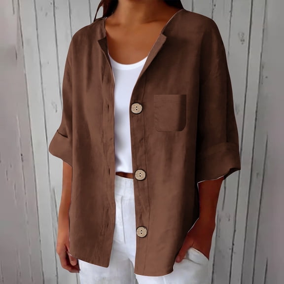 Summer Tops for Women Gsakboxl Women Cotton Linen Half Sleeve Cardigan Plus Size Loose Fit Casual Shirt With Chest Pocket Soft Breathable Spring Summer Daily Outerwear Blouses for Women Dressy Casual