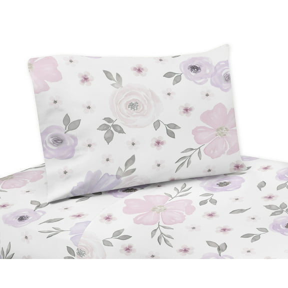Sweet Jojo Designs Watercolor Floral Purple Pink and Grey 3 Piece Twin Size Sheet Set