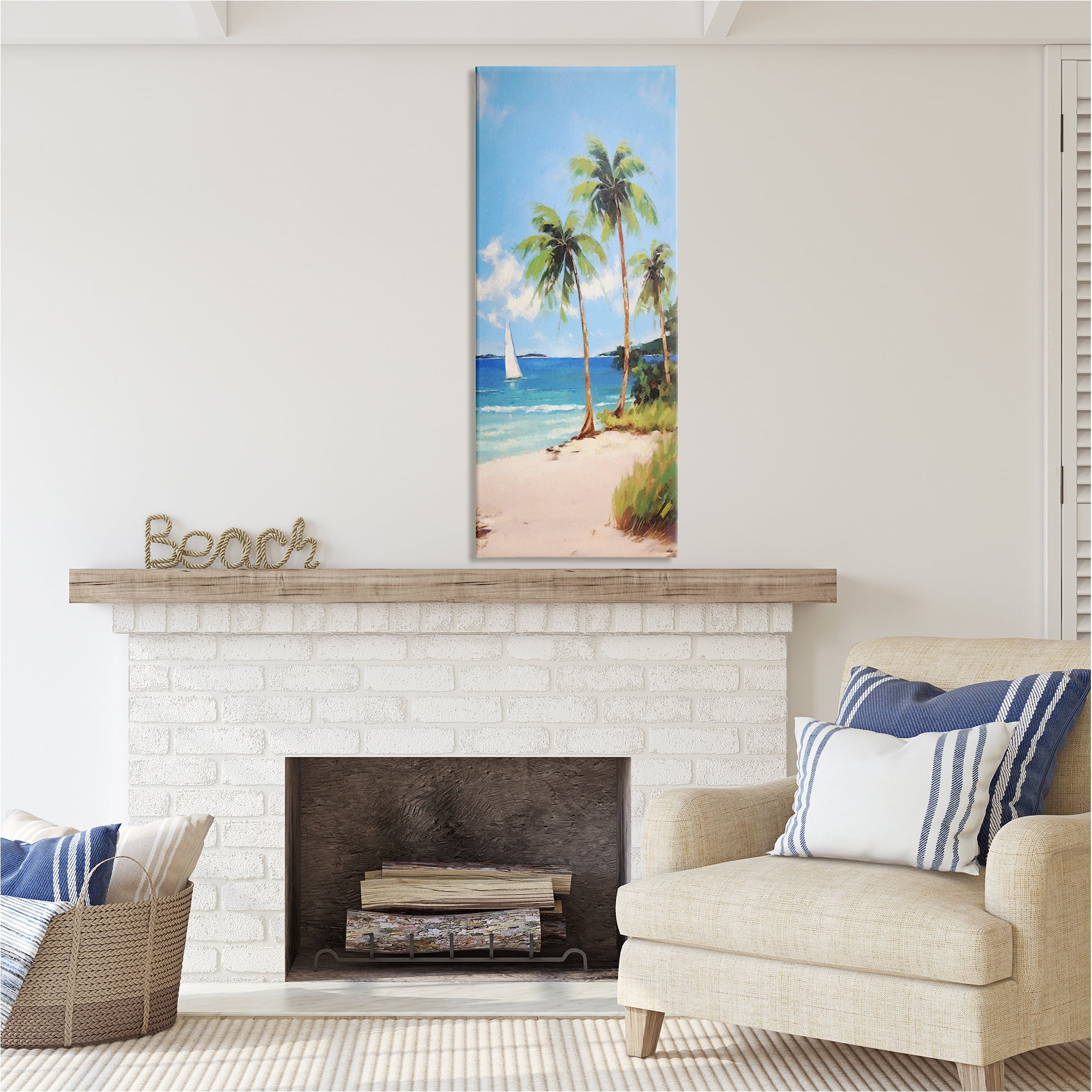 Stupell Industries Palm Trees & Sailboat Landscape Painting Gallery Wrapped Canvas Art Print Wall Art, 20 x 48