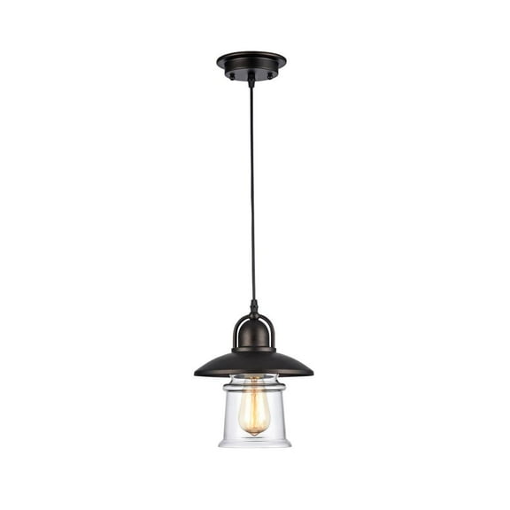 60 Watt Mini Pendant Light with Metal Body and Glass Shade, Black and Clear