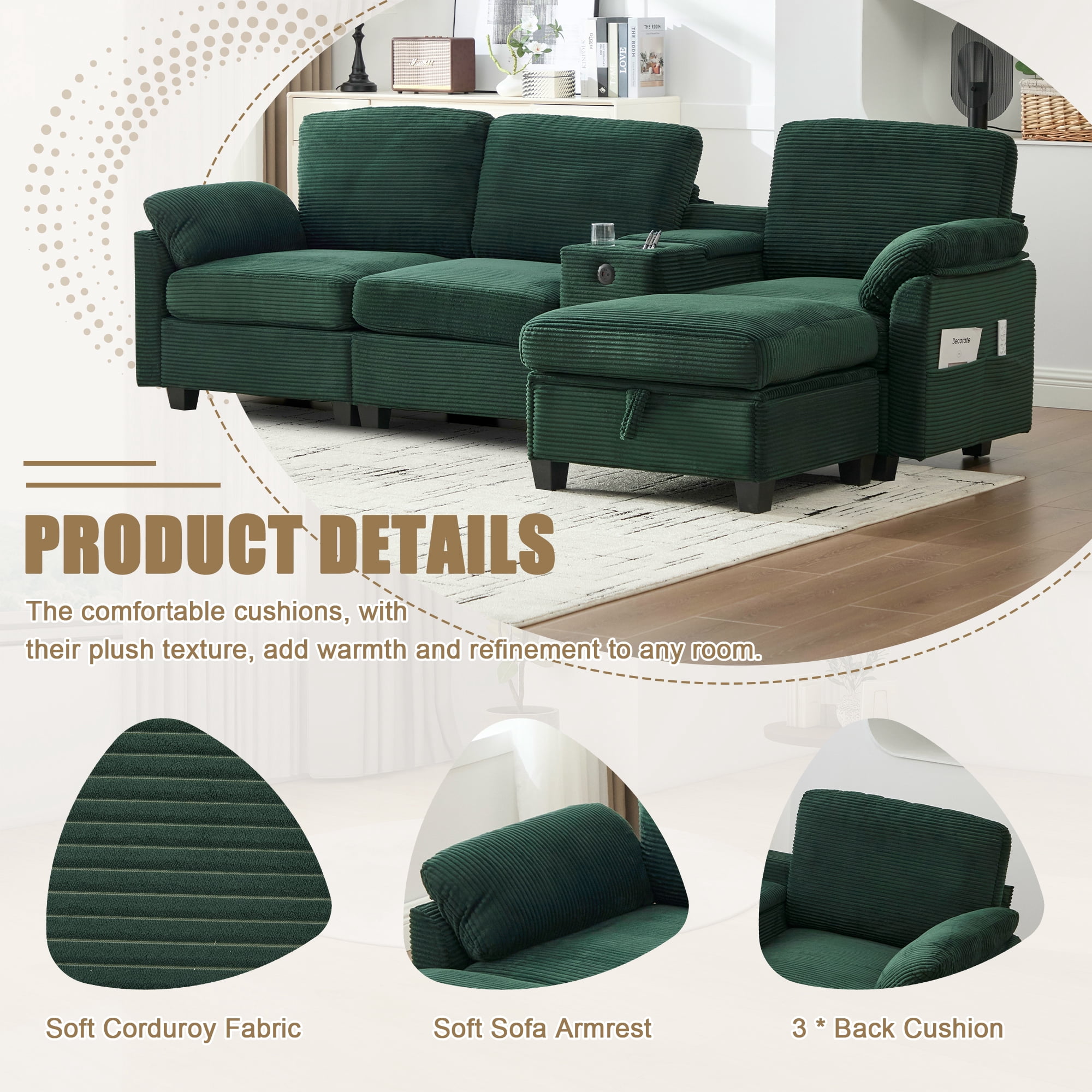 MOONMISS Corduroy Upholstered L-Shaped 4-seater Storage Multifunctional Sectional Sofa with Storage Ottoman-Emerald