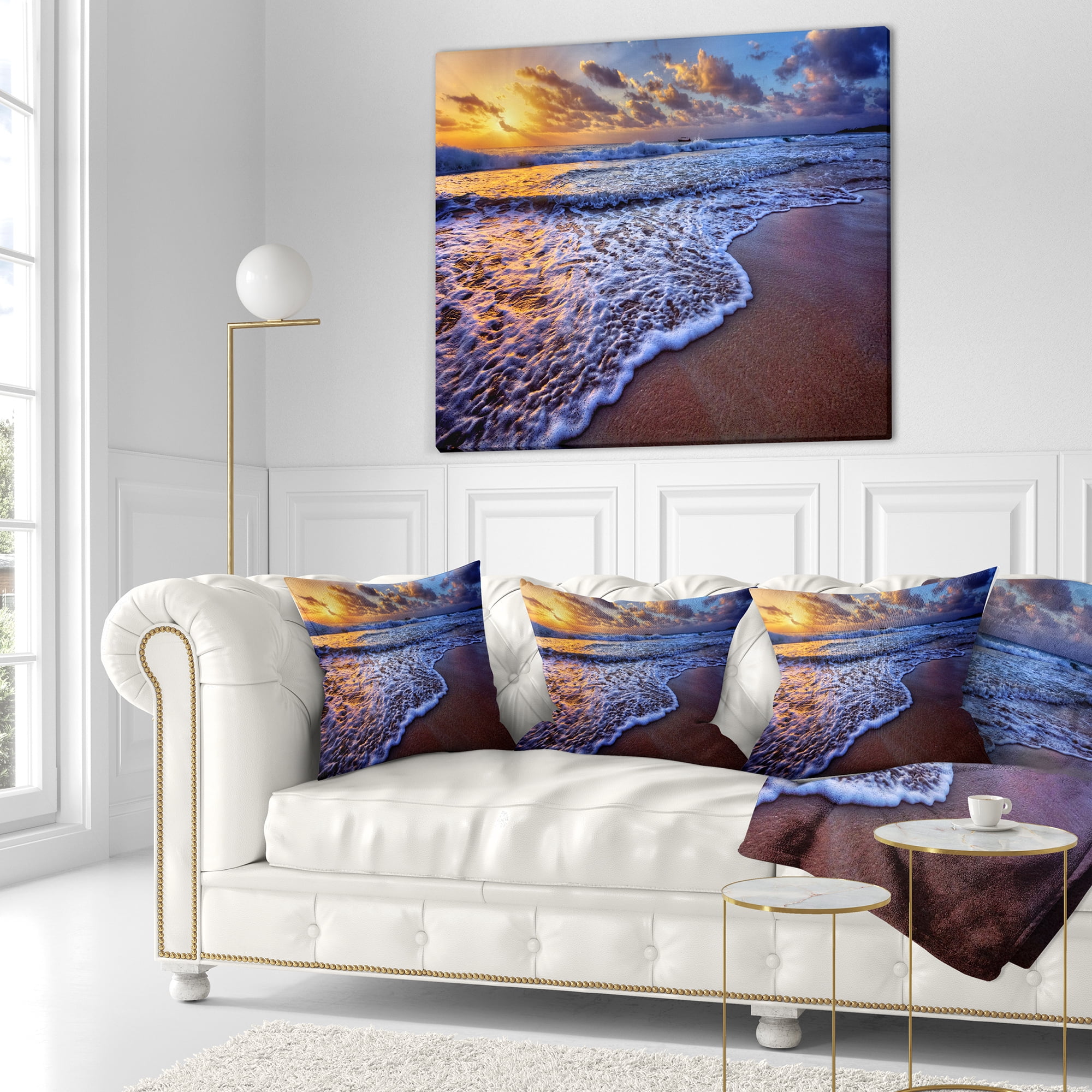 Designart Sunset over Blue Sea Waves - Seashore Throw Pillow - 16x16