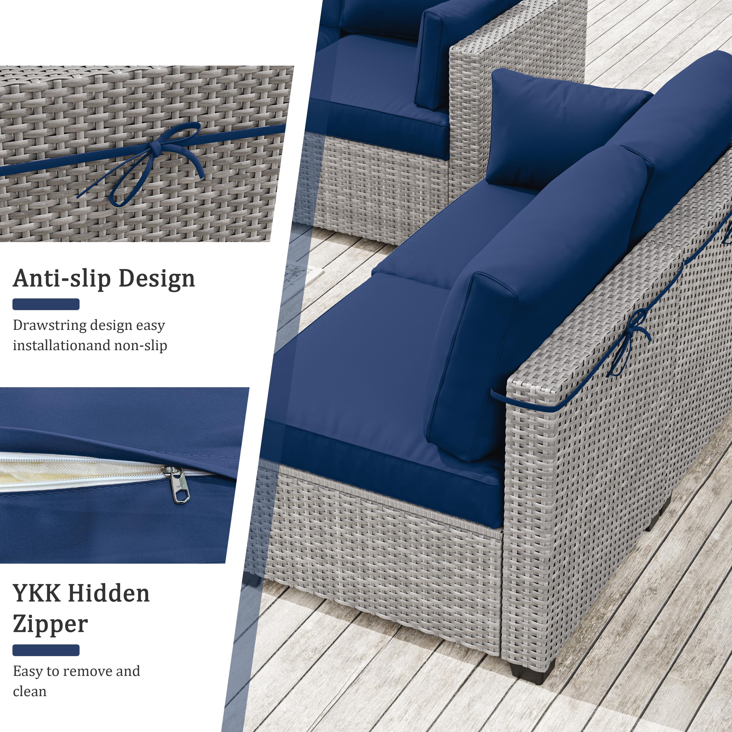 Snubbull 8-Piece Patio Furniture Cushions, Replacement Outdoor Cushions for 3-Seat Sectional Sofa, Waterproof & Zipped, 25.6"*23.6"*4", Blue