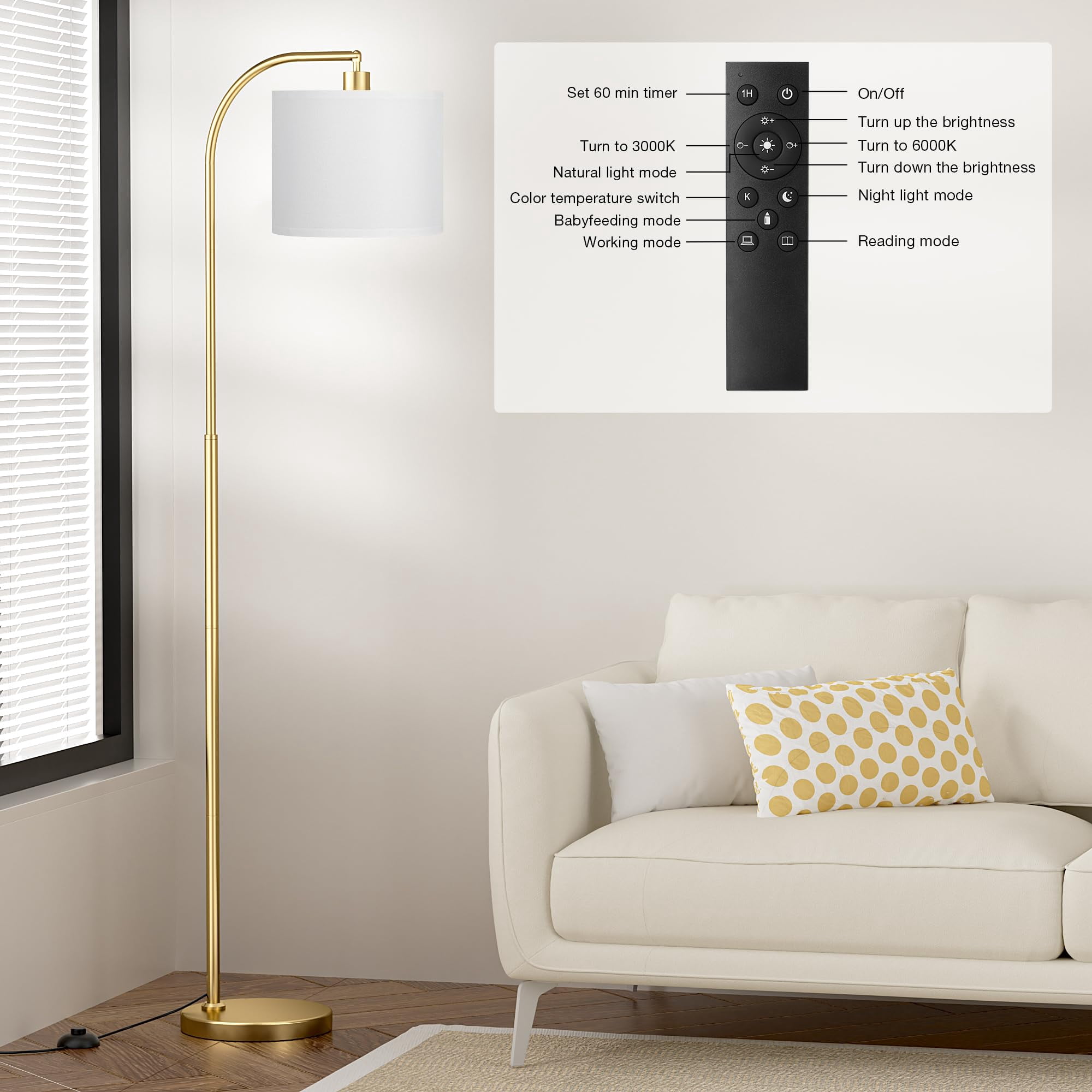 Arc Floor Lamp White & Gold With Remote And Stepless Dimmable Light For Living Room