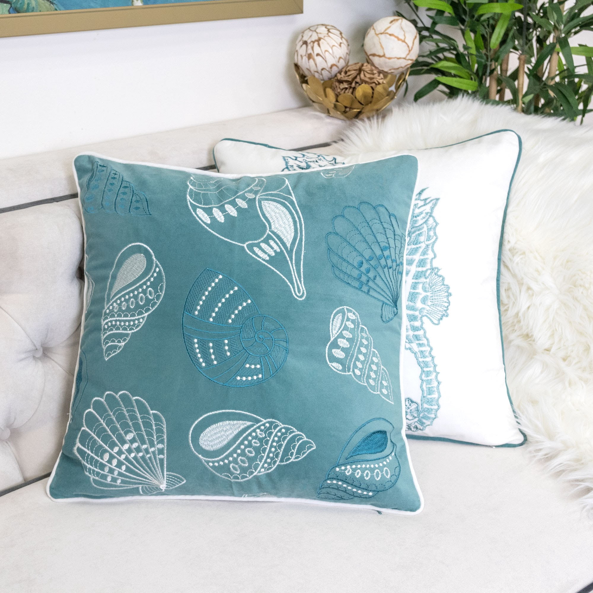 Seashell Teal Abstract Polyester 20 in. x 20 in. Throw Pillow