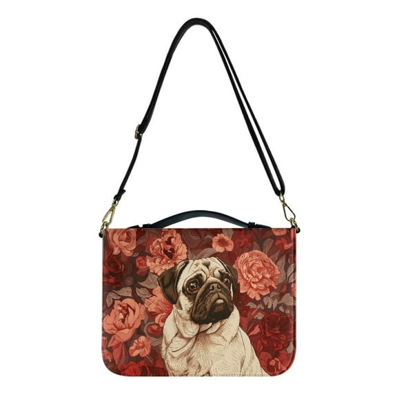 ZUXONGSY Pug Dog Flower Print Bible Case for Men Women Leather Bible Cover Large Bible Bag with Shoulder Strap and Handle, Zippered Bible Protective Carrier Sturdy Scripture Bag for Christian, L