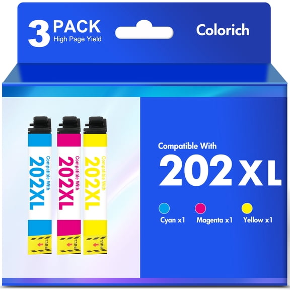 202XL Ink Cartridges 3 Pack Compatible for Epson 202XL 202 Color Printer Ink Epson WorkForce WF-2860 Expression Home XP-5100 (Cyan, Magenta, Yellow)